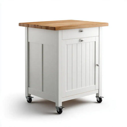 Küchenwagen mit Schublade und Schrank Weiß Natur 60 x 45 x 90 cm MDF Gummibaum Massivholz rechteckig